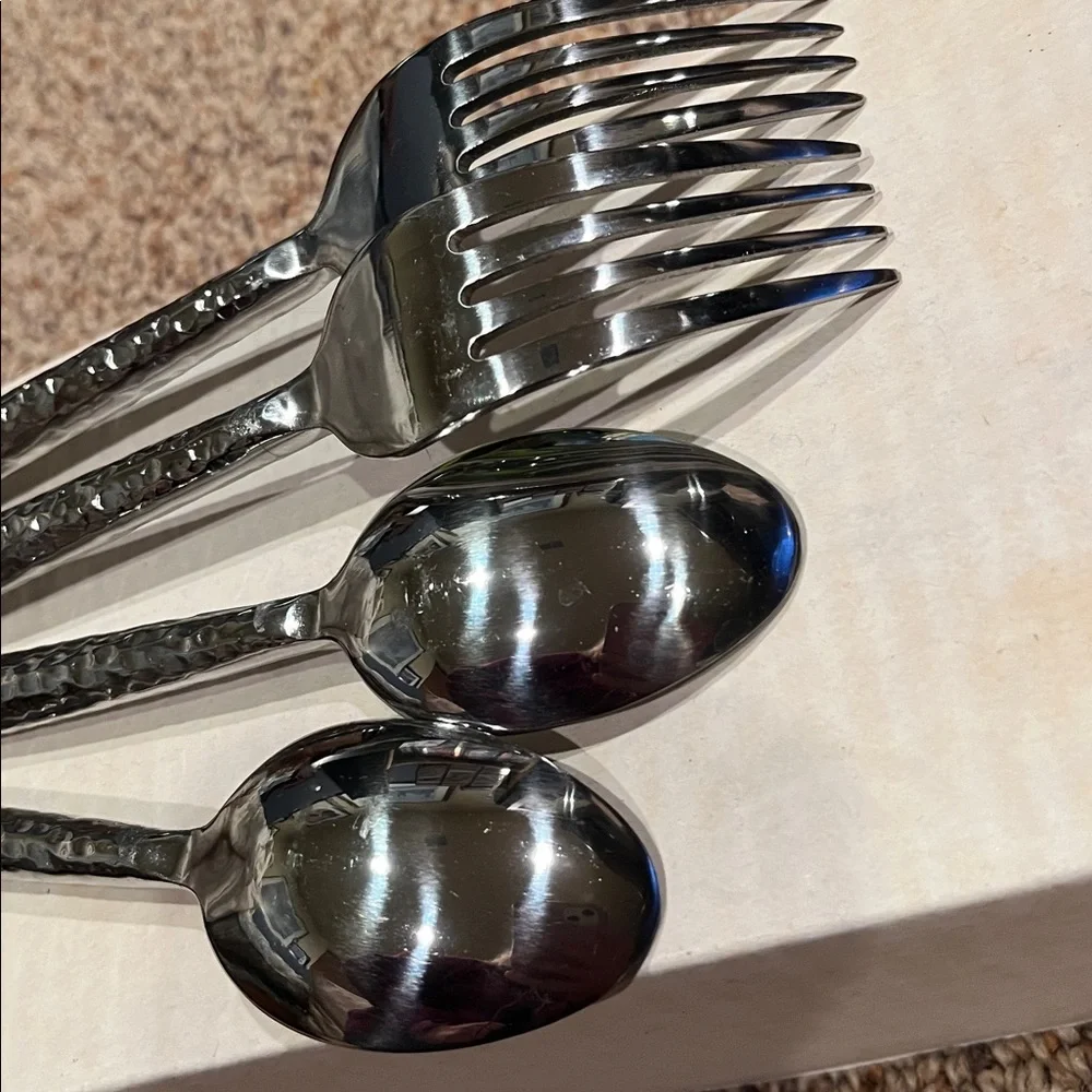 World Market heavy hammered stainless steel flatware 2 dinner forks 2 spoons EUC